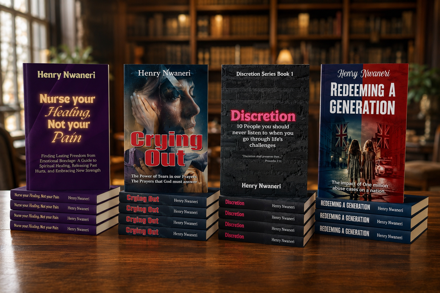 A selection of Henry Nwaneri books displayed in a library